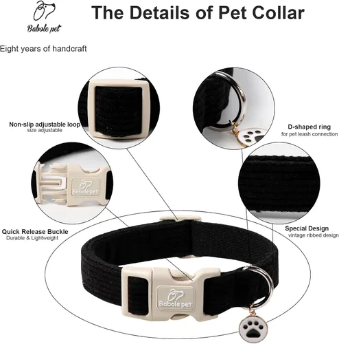 Vista 3 de Lindo Collar de Corduroy para Perro - Collar Ajustable Negro para Perros Pequeños de 4-10lbs, Resistente al Desvanecimiento con Cierre Seguro