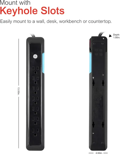 Vista 5 de GE SurGE - Tira de alimentación protectora, cable de extensión de 4 pies, extensor de 7 tomas, 1080 julios, enchufe plano, montaje en pared