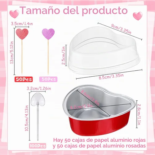 Vista 2 de El juego de 300 moldes para tartas de corazón incluye 3.4 onzas de aluminio desechable de San Valentín, molde para hornear postres, cuchara de Rojo