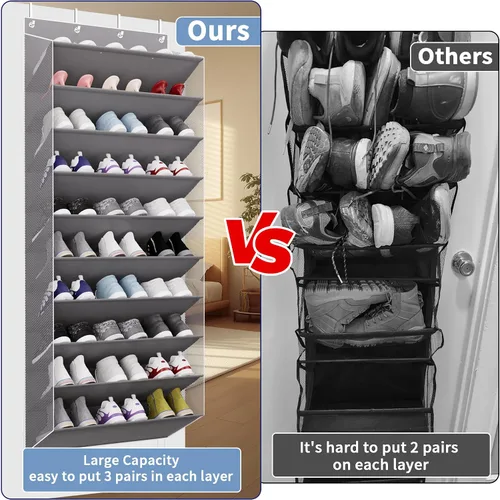 Vista 3 de TAHAVICE Organizador de zapatos de 10 niveles de gran tamaño sobre la puerta, con capacidad para 30 pares, zapatero colgante con bolsillos profundos