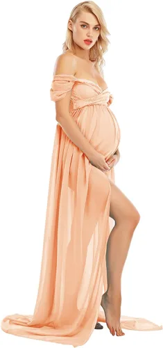 Vista 3 de Vestido largo de gasa con hombros descubiertos para fotografía de maternidad con abertura frontal para sesión de fotos