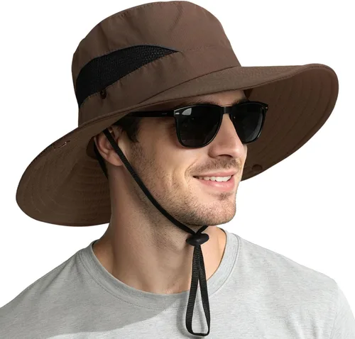 Vista 10 de NPQQUAN Sun Hats for Men Women Wide Brim UPF 50+ UV Protection Bucket Hat Gris oscuro (con malla)