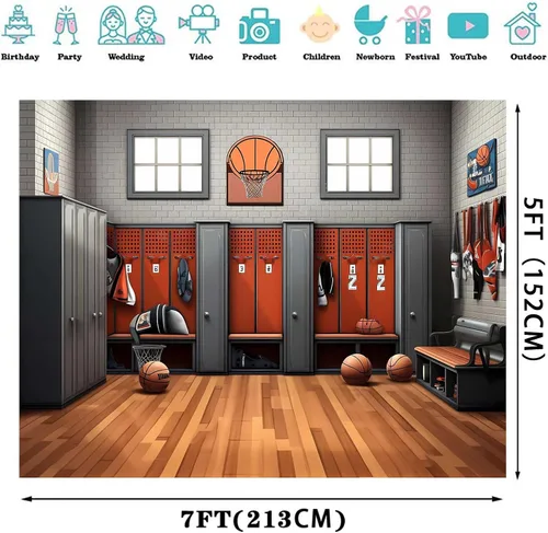 Vista 3 de Fondo de baloncesto para vestuario, 7 x 5 pies, fondo de fotografía de gimnasio con temática deportiva, suministros de fiesta, decoración de club