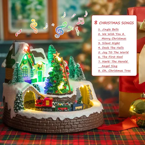 Vista 5 de DREAM GARDEN Casa de Pueblo Navideño, Santa Claus Trepando al Árbol de Navidad con Tren en Movimiento, Funciona con Batería, Edificios