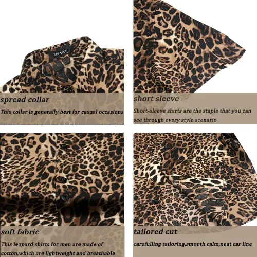 Vista 6 de Camisas de discoteca con estampado de leopardo para hombre, camisa casual de manga corta con botones
