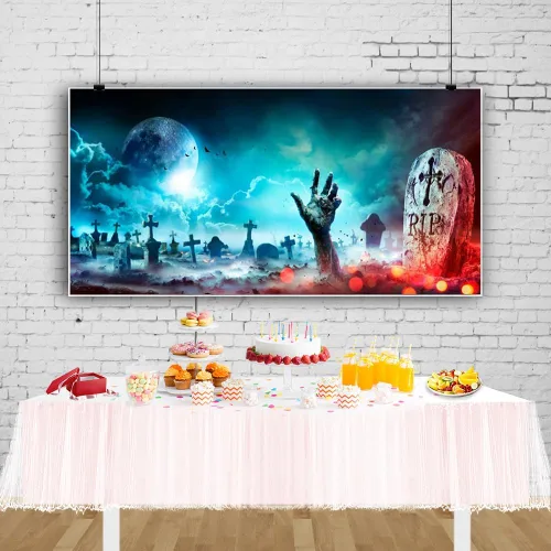 Vista 5 de Telón de fondo de Halloween para fotografía de cementerio de Halloween de 20 x 10 pies, telón de fondo de lápida de calavera aterradora, calabaza