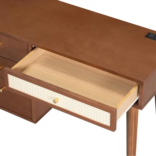 Vista 7 de Escritorio de tocador de nogal sin espejo de 39 pulgadas, mesa de tocador vintage con 4 cajones y toma de corriente, juego de tocador moderno