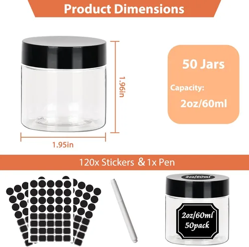 Vista 2 de Betrome - 50 tarros redondos de plástico transparente de 2 onzas con tapas negras 60ml Leak-Proof Wide-Mouth Cosmetic Storage Containers for