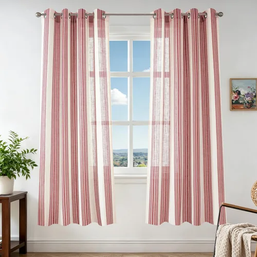 Vista 110 de DriftAway Cortinas de estilo granja con rayas verticales de lino mezclado texturizado con filtro de luz semitransparente para sala de estar