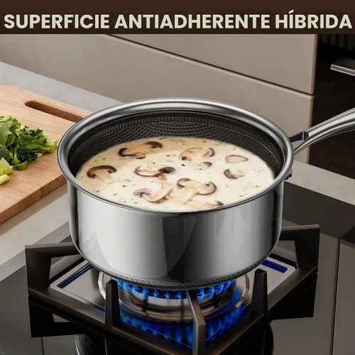 Vista 5 de Cacerola de acero inoxidable de 1 cuarto de galón con tapa de vidrio, sartén antiadherente híbrida de 6 pulgadas, sin PFAS PFOA PTFE, mango que se