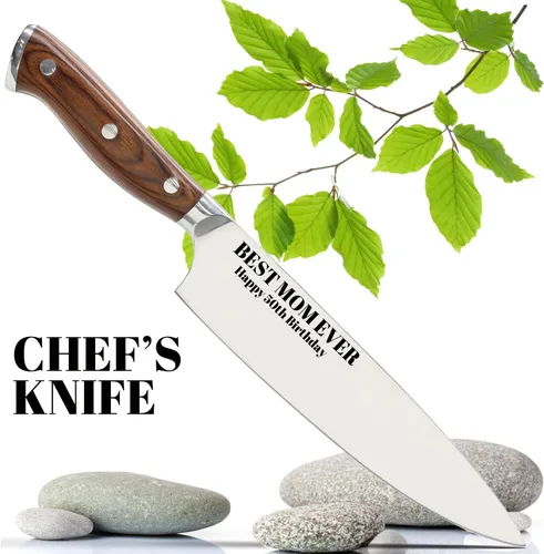 Vista 6 de Cuchillo de chef profesional de acero inoxidable – Cuchillo japonés de cocina ultra afilado grabado personalizado – 8 pulgadas con toque