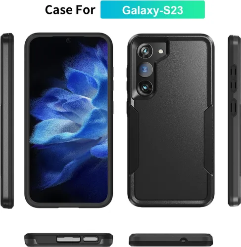 Vista 7 de Funda para Samsung Galaxy S23 con protector de pantalla HD, doble capa de grado militar probada contra caídas, resistente, a prueba de golpes, Negro