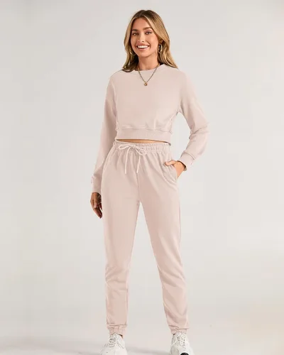 Vista 56 de BTFBM Conjunto deportivo de 2 piezas para mujer, camiseta corta de manga larga, sin botones, pantalón con cordón ajustable, pantalones deportivos