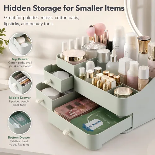 Vista 10 de Organizador de maquillaje para tocador, organizador grande de encimera con cajones, almacenamiento de cosméticos para el cuidado de la piel