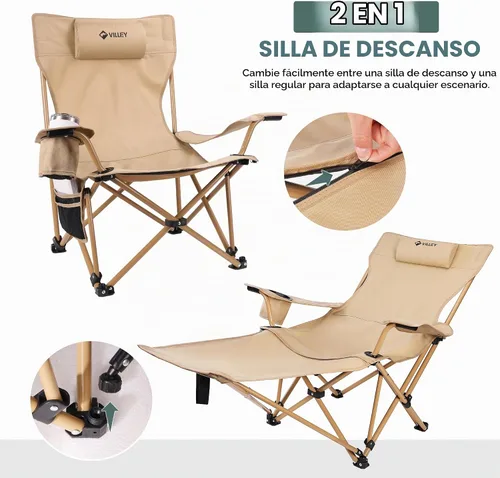 Vista 4 de VILLEY Silla de camping reclinable, silla plegable para exteriores