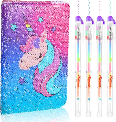 Vista 15 de Outus Juego de diario de lentejuelas para niñas con 4 bolígrafos de tinta de gel de color, diario reversible, cuaderno de lentejuelas con purpurina