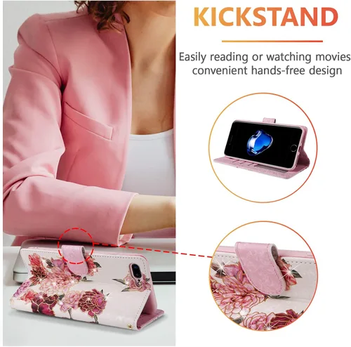 Vista 4 de UEEBAI Funda tipo cartera para iPhone SE 2022 5G/iPhone 7/iPhone 8/iPhone SE 2020, funda de piel sintética con función atril y bloqueo RFID, funda