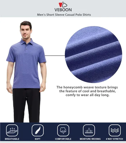 Vista 5 de VEBOON Men's Polo Shirts Long and Short Sleeve Cotton Blend Heather Moisture Wicking Casual Collared Shirts