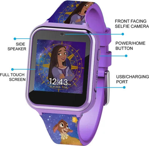Vista 4 de Accutime Disney Wish Purple Asha y Dahlia - Reloj inteligente con pantalla táctil de aprendizaje educativo para niñas, niños, niños pequeños, cámara