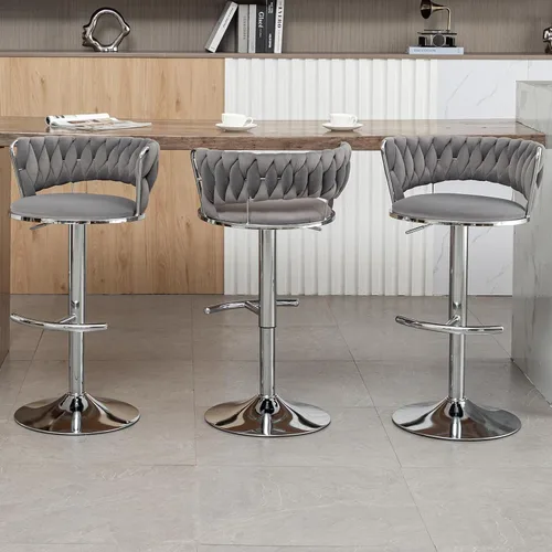 Vista 8 de Taburetes de bar dorados juego de 2, taburetes de bar de terciopelo giratorios con respaldo tejido, taburetes ajustables para isla de cocina, Beige