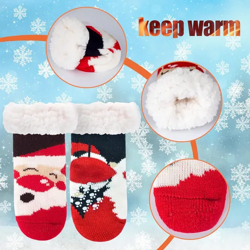 Vista 3 de FENELY 3 Pairs Winter Kids Fuzzy Slipper Socks 2-44-66-8 Girls Boys Thermal Warm Non-SkidGifts for Christmas Stocking