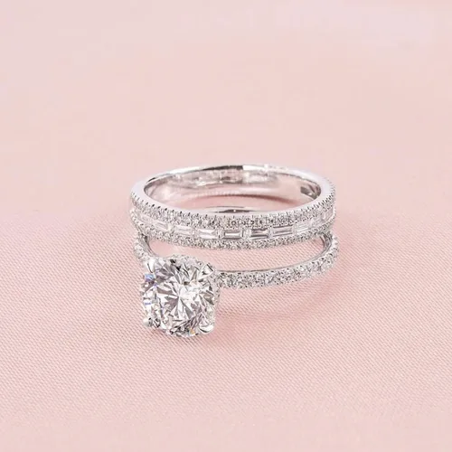 Vista 4 de Juego de 2 anillos de diamantes para parejas, juego de anillos de diamantes con microincrustaciones de lujo, joyería de compromiso para mujer