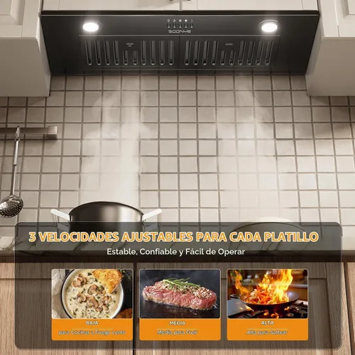 Vista 5 de Campana extractora de 30 pulgadas, campana extractora de 600 CFM, campana para estufa de ventilación de cocina con sensor de gestos de 3