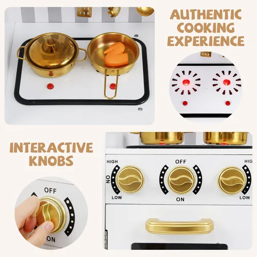 Vista 3 de INFANS Juego de cocina para niños, juego de cocina de madera con luz y sonido realistas, estufa, fregadero, microondas, armario de almacenamiento