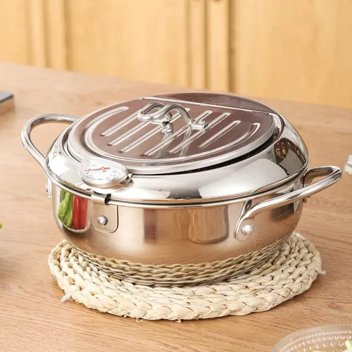 Vista 9 de Olla para freír con cesta de bandeja de gota de aceite y termómetro de aceite Tempura de estilo japonés, mini freidoras pequeñas, para el hogar.