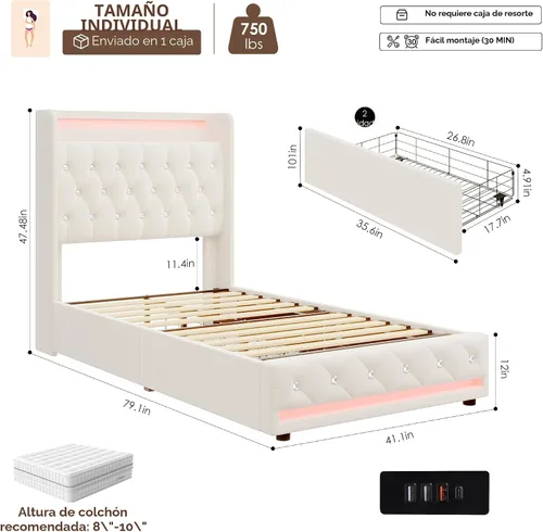 Vista 2 de HIFIT Marco de cama tapizada tamaño individual LED con cabecera de estación de carga y 4 cajones de almacenamiento, marcos de cama de plataforma