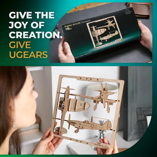 Vista 4 de UGEARS Aviones de combate enmarcados 2.5D – Kit de modelo clásico de madera de avión con Aileron móvil, hélice, rueda y toldo – Kits de modelos