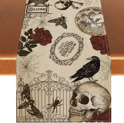 Vista 8 de Manteles individuales retro de Halloween, diseño de calavera gótica, Día de los Muertos, decoración y suministros de Halloween para la mesa