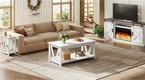 Vista 8 de WLIVE - Mesa de café con estante de almacenamiento, mesa de café granja de 39.4" con soporte en V, mesa de centro rústica de 2 niveles para sala