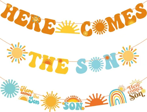 Vista 2 de Cartel para baby shower con texto en inglés «Here Comes The Son» «Here Comes The Sun», decoración para baby shower, 3 piezas, decoración de fiesta