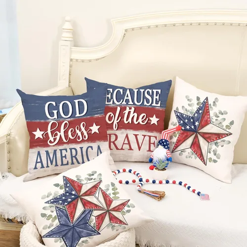 Vista 5 de GEEORY Juego de 4 fundas de almohada de 18 x 18 pulgadas para el 4 de julio, Dios bendiga Estados Unidos, estrellas valientes, a rayas, decorativas