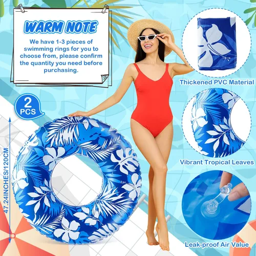 Vista 2 de Anillos de natación jumbo de 47.24 pulgadas para piscina inflable, tubo de flotación con hojas tropicales, anillo inflable para piscina para niños