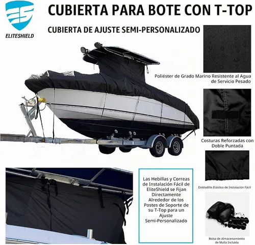 Vista 2 de EliteShield Cubierta Resistente para Barco con T-Top, Se Adapta a Barco de Consola Central de 18 pies a 20 pies de Largo con T-Top Hard-Top Negro