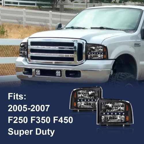 Vista 9 de CHEDA Conjunto de faros LED DRL, compatible con Ford F250 F350 F450 F550 Super Duty 2005 2006 2007 (lente transparente carcasa negra reflector ámbar)