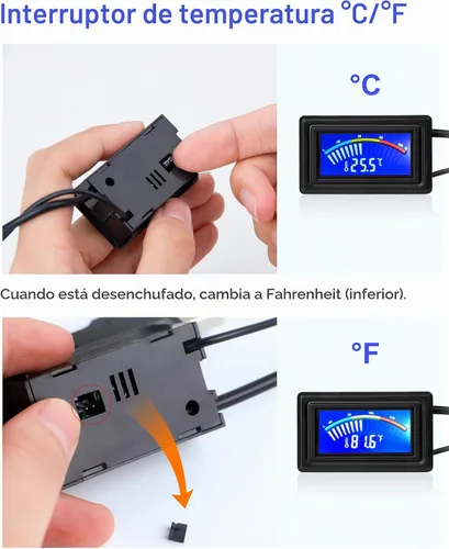 Vista 2 de Keynice. Sensor de temperatura termómetro. Fuente de poder, fahrenheit, grado y grados celsius. Pantalla lcd. Negra