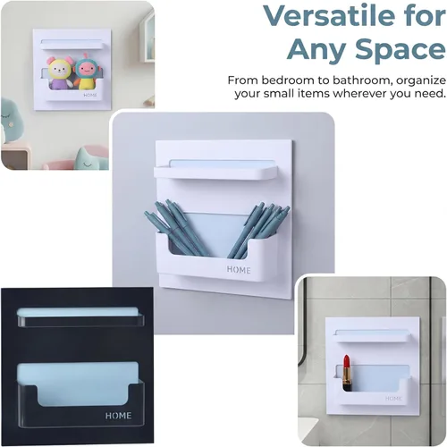 Vista 7 de Estante de mesita de noche con gel adhesivo fuerte, soporte organizador de montaje en pared para teléfono celular, lentes, control remoto, llaves