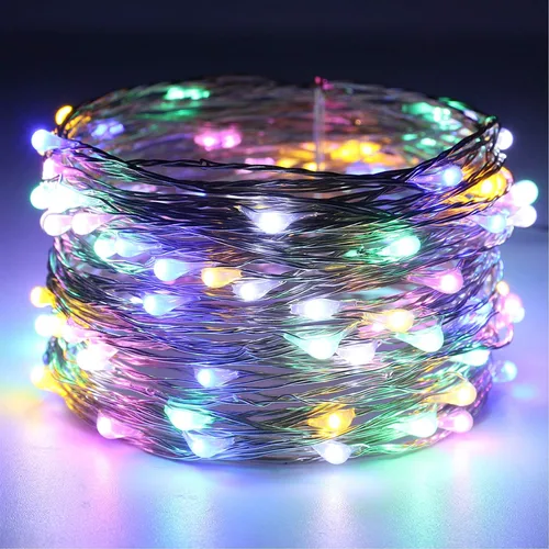 Vista 2 de RUICHEN Guirnalda de luces de alambre plateado enchufable de 33 pies, 100 luces LED con carrete, multicolor Varios