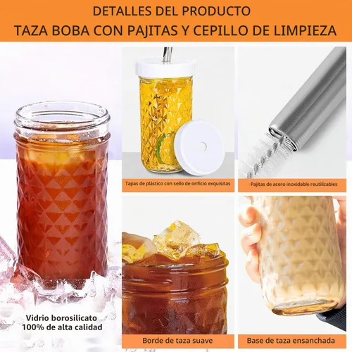 Vista 5 de Juego de 2 vasos de vidrio - Vasos para beber tipo Mason Jar de 24 oz con tapas de bambú y pajitas y 2 tapas herméticas, lindo vaso reutilizable