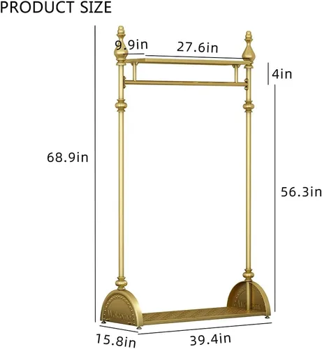 Vista 6 de Perchero de ropa dorado, perchero industrial para colgar ropa con estantes dobles independiente, multifuncional, resistente, perchero de metal móvil
