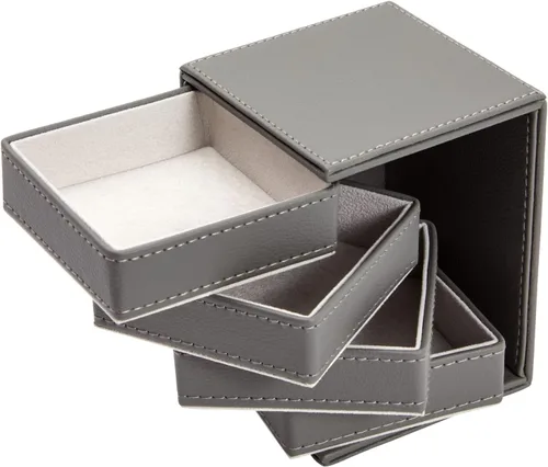 Vista 7 de Organizador de joyas giratorio de 4 capas para hombres, mujeres, caja pequeña de piel sintética para collares, anillos, aretes, pulseras
