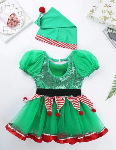Vista 4 de dPois Disfraz de elfo de Papá Noel para niñas y niñas, vestido de tutú de lentejuelas para baile, traje festivo, fiesta de Navidad