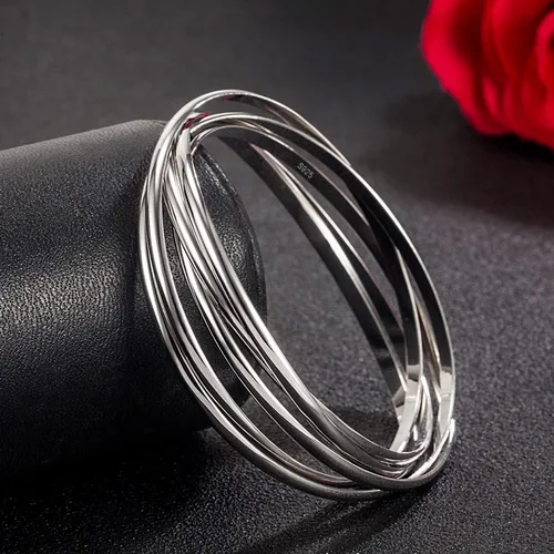Vista 4 de Pulsera de plata de ley 925 para mujer, cinco pulseras apilables de combinación suave de diámetro 60-2.559 -2.677 in de plata maciza en brazalete