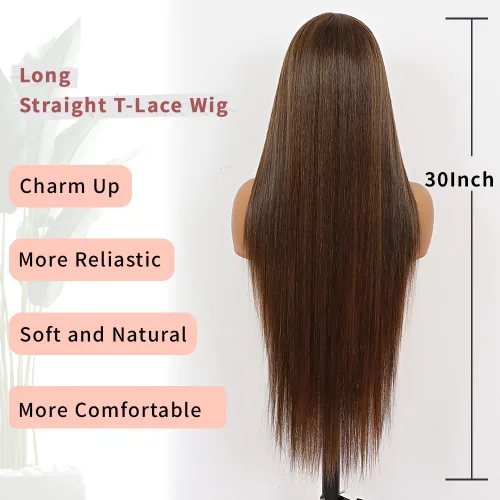 Vista 5 de Pelucas de encaje frontal sintético lacio marrón, sin pegamento, línea de cabello natural, con reflejos marrones, pelucas de encaje sintético marrón