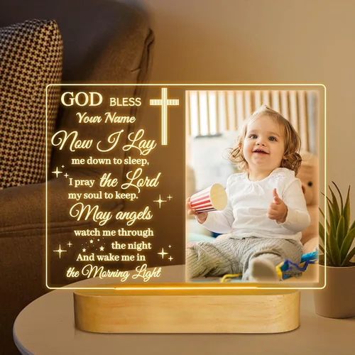 Vista 6 de Attivolife Marco de fotos personalizado de bautismo, marco de fotos iluminado con luz nocturna personalizada para bebé, regalos cristianos