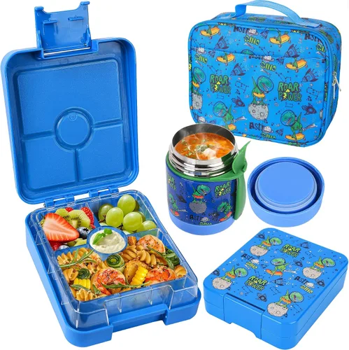 Vista 11 de Pawtong Set de Loncheras Bento con Termo para Sopa de 10oz, loncheras a prueba de fugas con 4 compartimentos, termo para alimentos calientes
