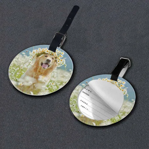 Vista 3 de TKS MITLAN Golden Retriever - Etiqueta de equipaje para maletas, mujeres, perros en la naturaleza, sentados con una corona de flores en margaritas